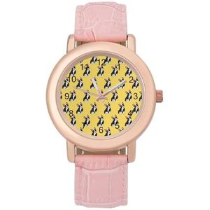 Franse Bulldog op Gele Vrouwen Lederen Band Horloge Quartz Horloges Gemakkelijk te Lezen Custom Gift voor Dames