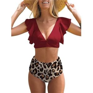 Bikini Bikini Sets Luipaard Gedrukt Bikini Ruche Manchetten Mode Badpak Vrouwen Beachwear Vrouwelijke Badmode Hoge Taille Badpakken, Zwarte Luipaard, M