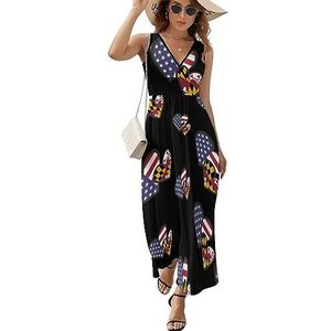 Interlocking Hearts Amerikaanse Maryland Vlag Casual Maxi Jurk Voor Vrouwen V-hals Zomer Jurk Mouwloze Strandjurk 2XL