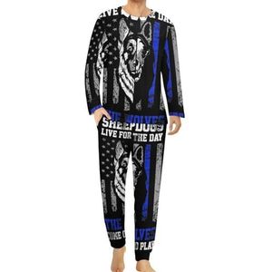 Herdershonden blauwe lijn USA vlag comfortabele heren pyjama set ronde hals lange mouwen loungewear met zakken S