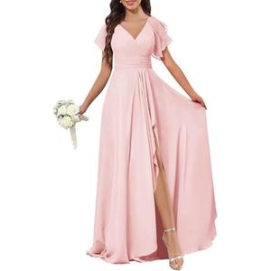 Chiffon galajurken met spleetplooien, bruidsmeisjesjurken voor bruiloft, cocktailjurk, grote maten, Blush Roze, 36