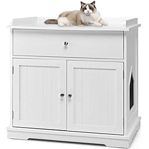 COSTWAY Kattenkast met lade, deur en ingang, 3-in-1 kattenhuis, kattentoilet, bijzettafel, kast, kattenbak, kattenmand, huisdierbox, kattenmeubel, wit