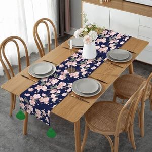 Tafelloper, imitatie linnen tafelloper met kwastjes tafeldecoratie voor thuisfeest, bloemen kersenbloem sakura marineblauw