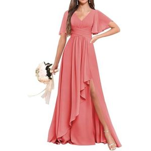 Chiffon bruidsmeisjesjurken voor dames, voor bruiloft, ruches avondgalajurken, cocktailjurken, grote maten, Koraal, 32