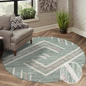 carpet city Vloerkleed laagpolig woonkamer - groen - 160x160 cm rond - tapijten boho-stijl - geo-patroon - slaapkamer, eetkamer