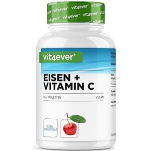 IJzer met 40mg natuurlijke vitamine C - 365 ijzertabletten - Hoge biologische beschikbaarheid door chelaatcomplex (ijzerbisglycinaat) - Hoog gedoseerd, veganistisch, zonder ongewenste toevoegingen