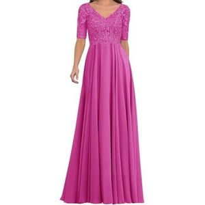 AHERKLL Kant Applique Moeder Van De Bruid Jurken Half Mouw Formele Avond Party Grootmoeder Jurken Lange HAH057, Fuchsia, 32