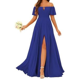 Prinses Bruidsmeisje Jurken Off Shoulder Prom Jurken Plooien Chiffon Formele Avond Party Maxi Jurk met Split ZMK196, koningsblauw, 32