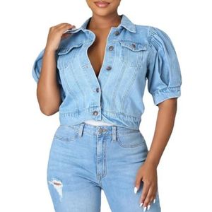 Dames Spijkerjas,Women'S Denim Jacket Mode Lichtblauwe Revers Korte Pofmouwen Button Up Western Denim Jack Vintage Wash Faded Crop Denim Coat Spring Transition Casual Outwear,L