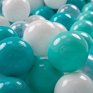 KiddyMoon 100 ∅ 7cm kinderballen speelballen voor ballenbad baby plastic ballen made in eu, licht turquoise/wit/transparant/turquoise