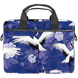 Zomer Fruit Banaan Geel Navy Streep Laptop Schouder Messenger Bag Crossbody Aktetas Messenger Sleeve voor 13 13.3 14.5 Inch Laptop Tablet Beschermen Tote Bag Case, Witte Kraan Pioen Bloem Patroon, 11x14.5x1.2in /28x36.8x3 cm