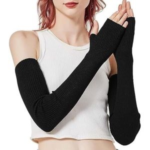 Riisoyu Lange Vingerloze Handschoenen, Gebreide Zachte Rekbare Vingerloze Handschoenen, Armwarmers, Zwart, One Size