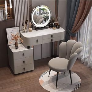 Vanity Desk Set met 3-kleuren verstelbare 360° draaibare spiegel, kaptafel met 6 laden met grote capaciteit, kaptafel met kast kan links en rechts worden geïnstalleerd, aanpassen aan verschillende