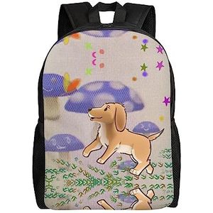 FInpan Cartoon paddestoel met hond unisex lichtgewicht schooltassen, heren en vrouwen rugzakken, casual dag en reistassen. Schoudertas, Cartoon Paddestoel Met Hond, Eén maat