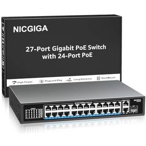 NICGIGA 24-poorts Gigabit PoE Schakelaar met 24 PoE+@300W, 2 Gigabit Uplink Port, 1 SFP, Stevig Metaal voor Desktop/Rack Mount, Plug and Play, Unmanaged Power Over Ethernet Switch