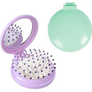 Opvouwbare haarborstel met spiegel, ronde mini compacte massagekam voor portemonnee/zak, reismaat voor meisjes en vrouwen (paars+groen)