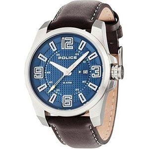 Police Focus heren Quartz horloge met blauwe wijzerplaat analoge display en bruin lederen band 14762JS/03