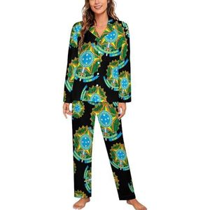 Coat Arms of Brazil, vrouwen lange mouw button down nachtkleding zachte nachtkleding lounge pyjama set S