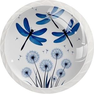 JAVENPROEQT Schone esthetische blauwe libellen en paardebloemen ronde kristallen lade dressoir knoppen set van 12, deur kast kast hardware knop met schroeven, thuiskantoor kinderkamer decor