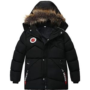 FaLkin Winterjas voor jongens, warme gewatteerde jas met bontcapuchon, dikke warme bovenkleding, kinderen, outdoor, warme winterparka, dikke casual bovenkleding, outdoorjas, kinderwinterjas, zwart,