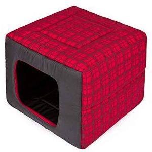 PillowPrim Hondenhok, hondenbed, 2-in-1, hondenmand, hondenbed, hondenhuisje, dierenbed, rood geruit, maat XL 53 x 53 cm