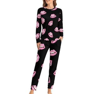 Roze lippen zachte damespyjama met lange mouwen warme pasvorm pyjama loungewear sets met zakken 3XL