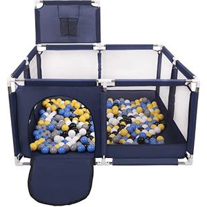Selonis Square Babybox Met Plastic Ballen, Basketbal, Blauw:Zwart/Wit/Grijs/Blauw/Geel,200 Ballen