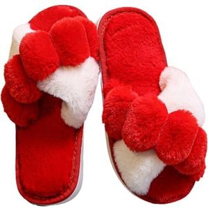 BOSREROY Warme fuzzy mode open teen slippers voor dames: zachte antislip pluche kruisband slippers dik warm, Rood24, One Size
