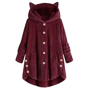 UJUNAOR Womens Fashion Hooded Jas Koop Faux Fleece Dames Warm Plus Trui Katoen Losse Winter Kerst Gedrukt Zakken Dikste Hasp Uitloper Knop Pluizige Geribbelde Jas Trui Hoge Kraag Pluche, I-wijn, M