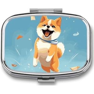 Schattige Shiba Inu pillenhoes met 2 compartimenten, pillenorganizer, draagbare vierkante pillendoos, vitaminepillenorganizer voor zakportemonnee en reizen