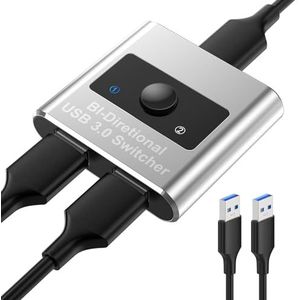USB 3.0 schakelselector, bidirectionele USB-schakelaar, 2-in-1 uit, 1 in 2 uit, aluminium USB-switcher, 2 computers delen 1 apparaat voor printer, toetsenbord, USB-wisselschakelaar met 2 USB