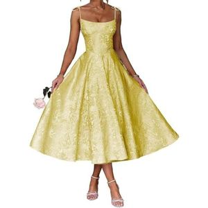 AHERKLL Spaghetti Bandjes Bruidsmeisjes Jurken Bloemen Satijn Jacquard Formele Avond Feest Maxi Jurk Thee Lengte HAH048, Geel, 58/Meer