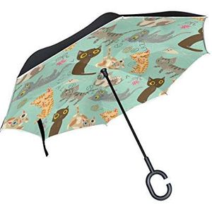 RXYY Winddicht Dubbellaags Vouwen Omgekeerde Paraplu Leuke Kat Bloemprint Waterdichte Reverse Paraplu voor Regenbescherming Auto Reizen Outdoor Mannen Vrouwen