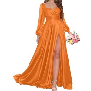 AHERKLL Bruidsmeisjesjurken met lange mouwen voor bruiloft, satijnen formele avondfeest, maxi-jurk met split HAH056, Oranje, 32