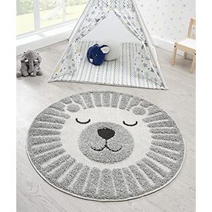 the carpet Lou Zacht knuffelig kindertapijt, zacht knuffelvlies, onderhoudsvriendelijk, kleurecht, outdoor, 3D-look, leeuwenmotief, grijs, 120 cm rond