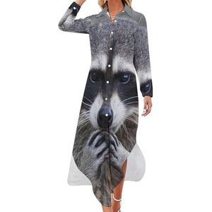 Schattige wasbeer dames maxi-jurk lange mouwen knopen overhemd jurk casual feest lange jurken XL