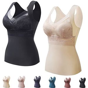2-in-1 Ingebouwde Beha Thermisch Ondergoed voor Dames, Hemd met Cups - Mouwloos Shirt met V-hals en Geïntegreerde Top, Zonder Beugel