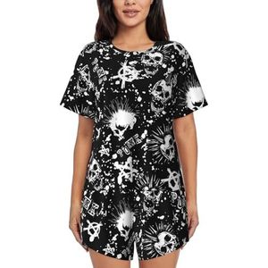 Yyoretp Witte pyjama voor dames, met punkprint, met schedel en print, shirt met korte mouwen, nachtkleding met ronde hals en zakken, Zwart, M