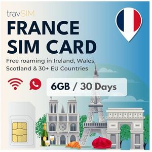 travSIM Frankrijk SIM Kaart | 6GB data met 4G/5G snelheden | Onbeperkt bellen | Gebruik Frankrijk SIM-Kaart in 30+ EU Landen | SIM kaart voor Frankrijk plan 30 dagen geldig