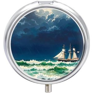 Stormy Waves Vintage Zeilboot Pillendoos Reizen Pillendoosje voor Portemonnee Pocket Wekelijkse Geneeskunde Organizer met Spiegel 3 Compartiment Ronde Medicijnkoffer Draagbare Pillenhouder voor