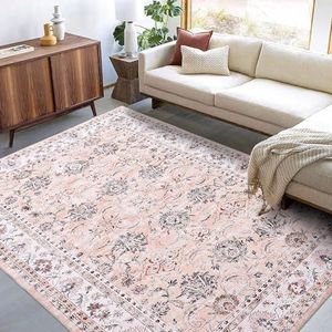 LuxFocus Grote machinewasbaar, water- en vlekbestendig, vintage tapijt voor binnen en buiten, antislip, laagpolig oosters design, voor slaapkamer, woonkamer, keuken, 200 x 290 cm, roze