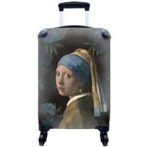 MuchoWow® Koffer - Meisje met de parel - Vermeer - Bloemen - Blauw - Past binnen 55x40x20 cm en 55x35x25 cm - Handbagage - Trolley - Fotokoffer - Cabin Size - Print