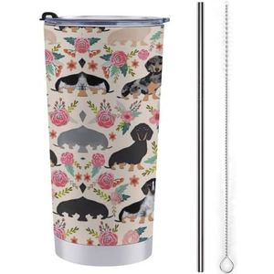 AQRJLPM Teckel bloemen autobeker van roestvrij staal 20 oz beker met rietje en deksels lekvrij geïsoleerde roestvrijstalen reiskoffiemok pobtable voor koude warme dranken kamperen