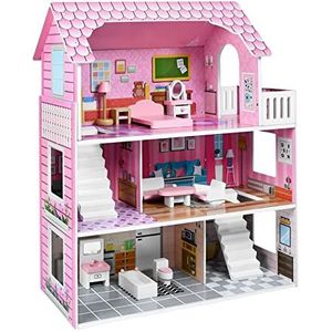 XMTECH Poppenhuis van hout Barbie huis met meubels en accessoires poppenhuis poppenvilla poppenhuis speelhuis speelset met drie speelniveaus voor meisjes en kinderen roze meerkleurig
