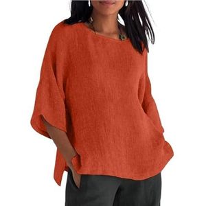 Vrouwen katoenen linnen blouse shirts zomer vrouwelijke O-hals driekwart losse effen tops dagelijkse casual kleding(Orange,3XL)