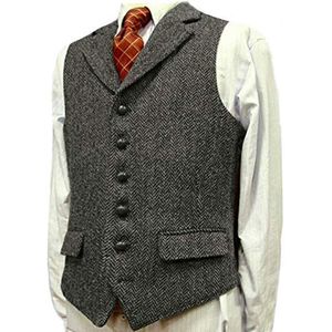 Heren visgraatkostuum tweed gilet Slim fit vintage retro wol vest Casual(Large, Grijs)