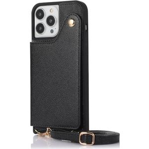 HAMEXLN Hoesje voor iPhone 16 Pro Max/16 Pro/16 Plus/16, luxe portemonnee lederen hoesje met spiegel en crossbody schouderriem beschermhoes, zwart, 16 Plus