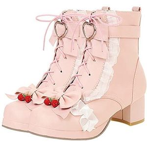 Dames Lolita Cosplay Schoenen Lace Up Strawberry Bow Boots Platform Pumps Jurk Mary Jane (Color : Pink, Size : 46 EU)