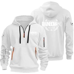 AHYAOFA Heren Hoodies Half Zip Pullover voor R.a.in.bo.w S.IX S.ie.g.e Workout Running Pullover Actieve Hoody met Zakken Sweatshirt Hooded Jas Tops, Wit-1, 18-20