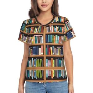 RAOWEI Bibliotheek Boekenplank Print Dames Zomer Tops Casual V-hals T-shirt Korte Mouwen, Loose Fit Dressy Pullover, Zwart, M